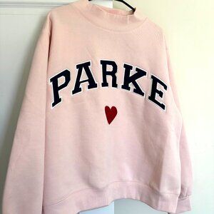 NWT PARKE Valentines Day Heart Varsity Mockneck Sweatshirt Size L/XL